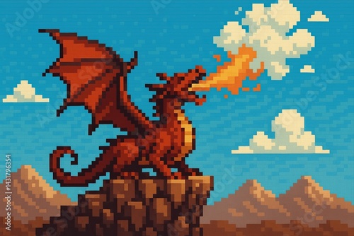 Obraz na płótnie Pixel art red dragon breathing fire standing on a mountain top w salonie
