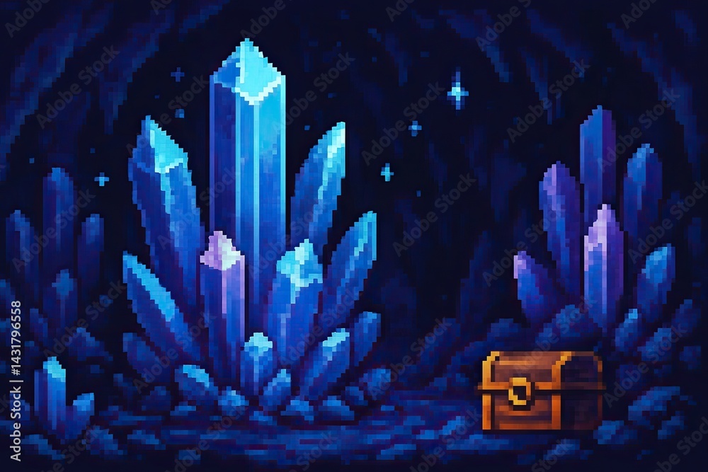 Glowing blue crystals illuminating treasure chest in dark pixel art cave
