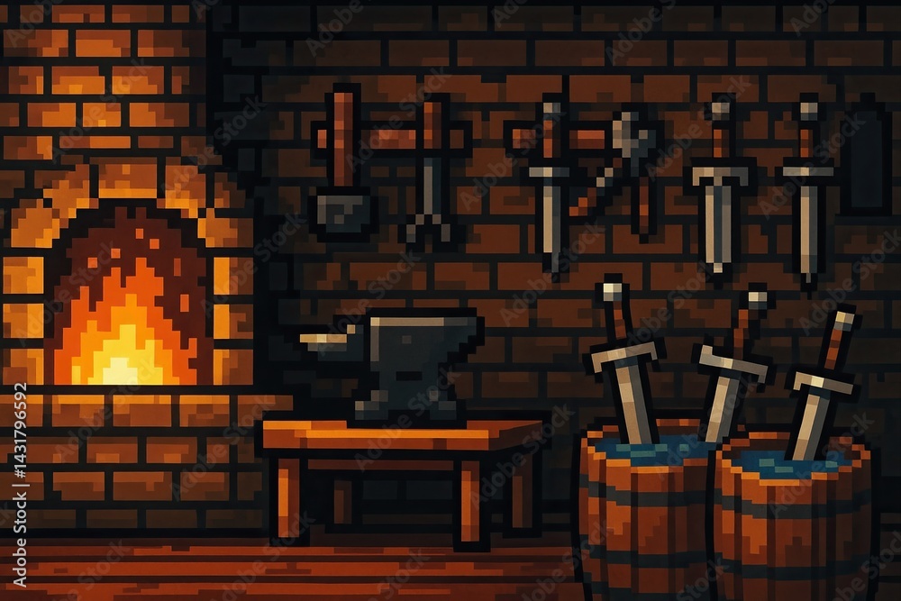 Pixel art illustration of a blacksmith's workshop, featuring a fireplace, anvil, tools, and swords, creating a medieval atmosphere