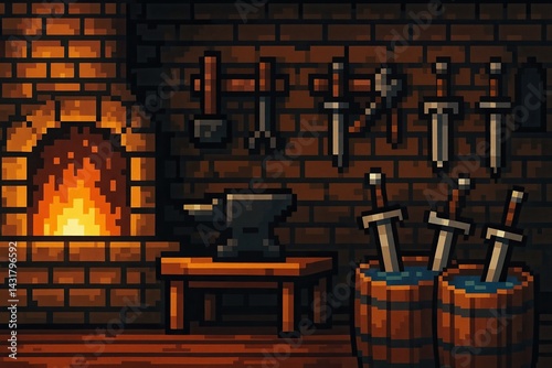 Obraz na płótnie Pixel art illustration of a blacksmith's workshop, featuring a fireplace, anvil, tools, and swords, creating a medieval atmosphere w salonie