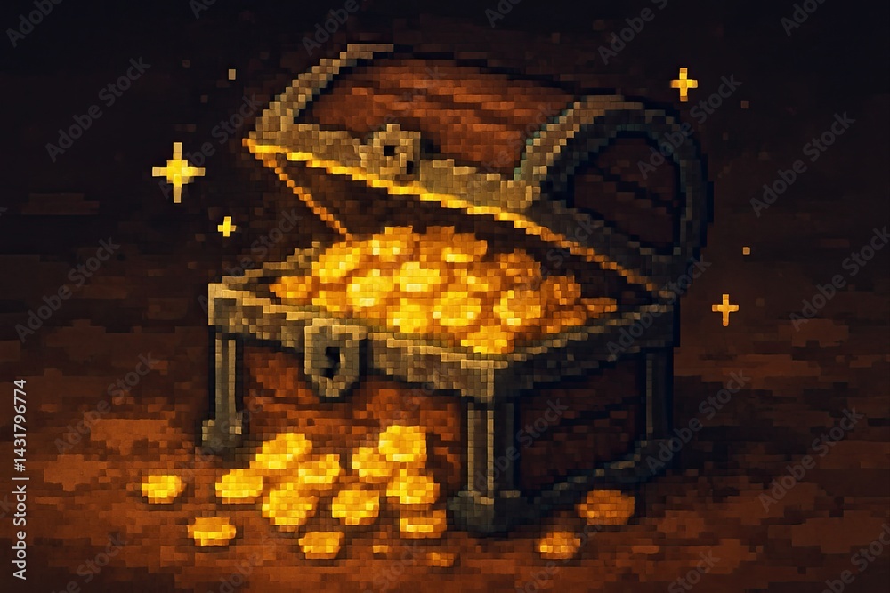 Pixel art illustration of an open treasure chest overflowing with gold coins, creating a captivating scene of riches and adventure