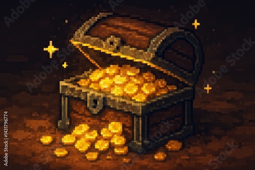 Obraz na płótnie Pixel art illustration of an open treasure chest overflowing with gold coins, creating a captivating scene of riches and adventure w salonie