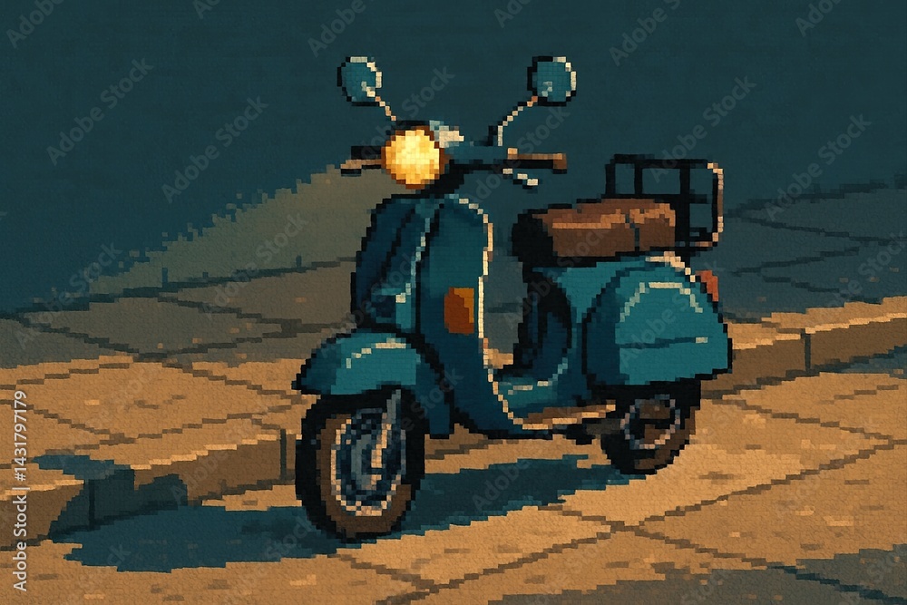 Pixel art depicting a classic scooter parked on a sidewalk, illuminated by its headlight in the evening
