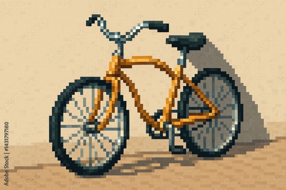 Pixel art illustration of a yellow bicycle leaning against a beige wall, casting a pixelated shadow