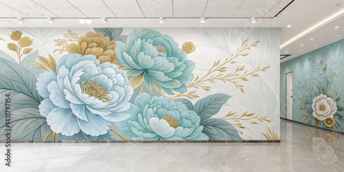 Aqua and Gold Floral Wall Mural Large-Scale Peony Design, Interior Decor, Teal and Gold Color Palette, Mural Art Wall Mural, Peony