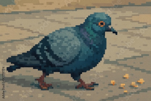 Pixel art pigeon walking and pecking on the ground