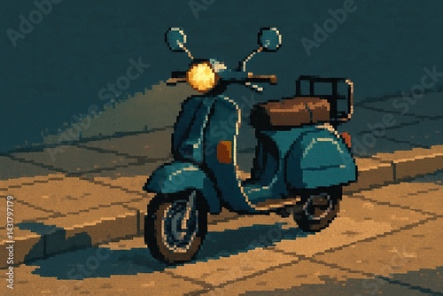 Obraz na płótnie Pixel art depicting a classic scooter parked on a sidewalk, illuminated by its headlight in the evening w salonie