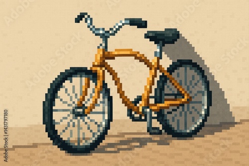 Obraz na płótnie Pixel art illustration of a yellow bicycle leaning against a beige wall, casting a pixelated shadow w salonie