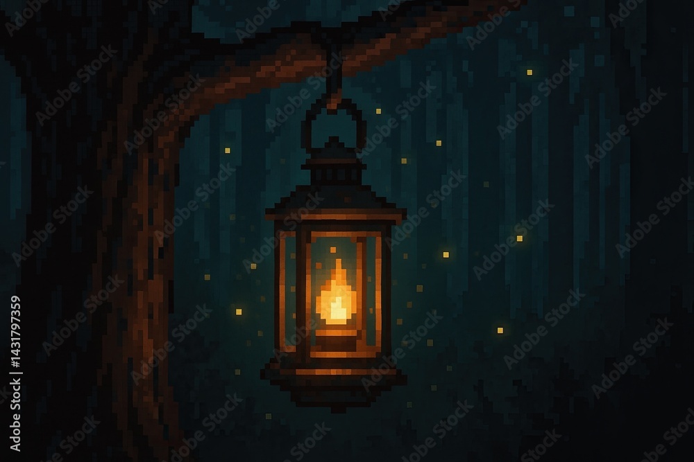 Pixel art image of a lantern hanging from a tree branch, illuminating a dark forest at night
