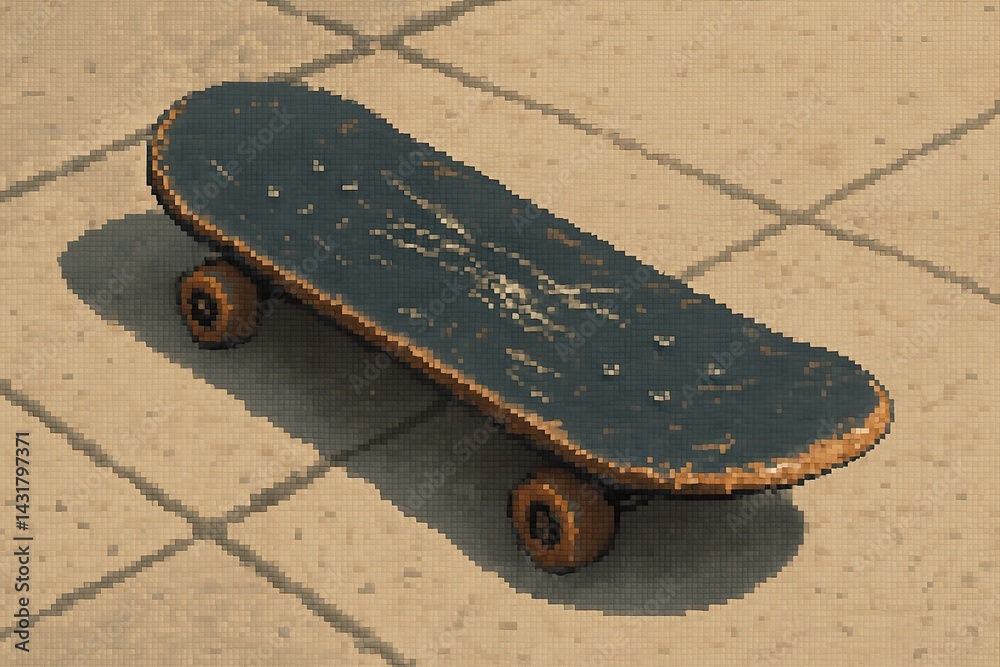Pixel art skateboard casting a shadow on a tiled floor
