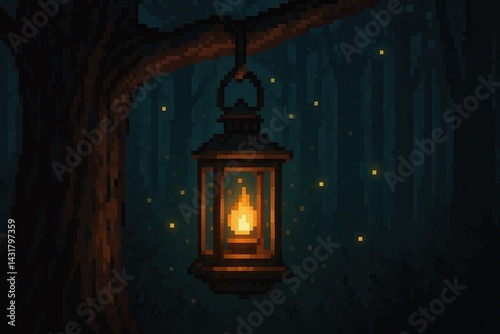 Obraz na płótnie Pixel art image of a lantern hanging from a tree branch, illuminating a dark forest at night w salonie