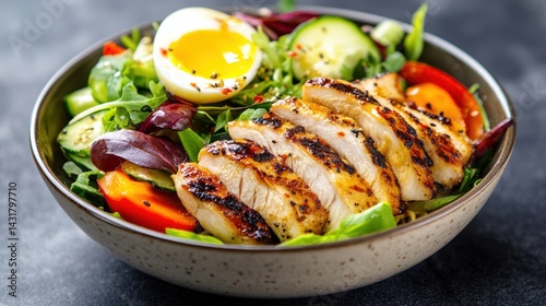 Grilled chicken salad with fresh vegetables and a soft-boiled egg in a stylish bowl