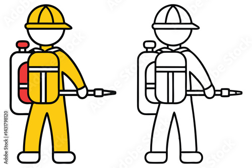 Pest Control Worker Icon with Yellow Suit and Sprayer in Two Versions