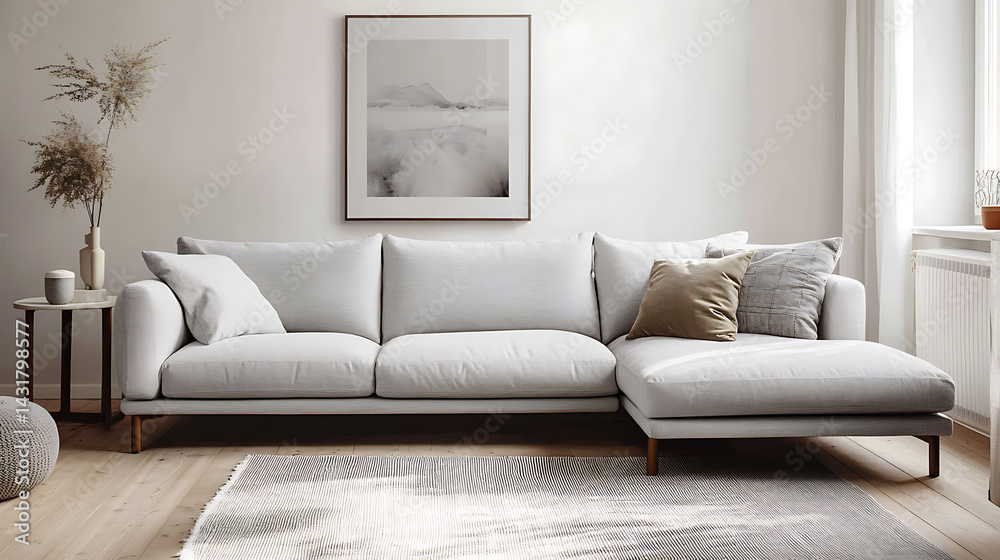 Fototapeta premium Bright Scandinavian Interior with Soft Rug and White Lighting