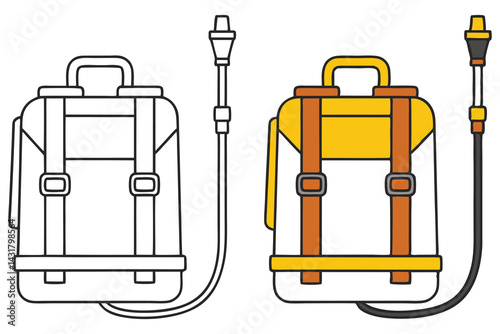Two Backpack Sprayers One Outline, One Color, Straps, Nozzles, Isolated on White