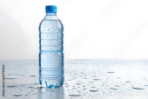 Plastic Bottle Filled with Fresh Mineral Water and Drops on a Reflective Surface