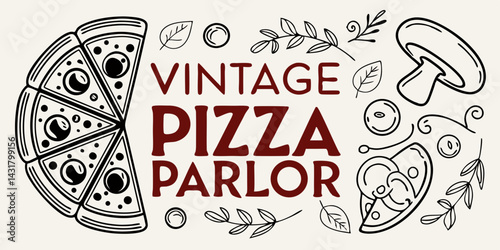 Vintage Pizza Parlor Logo Design Featuring Pizza and Herbs	