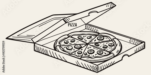 Delicious Pizza in a Box Hand Drawn Sketch for Menu Design	