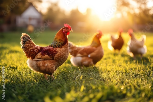 Chickens and hen walking on sunset grass field photo
