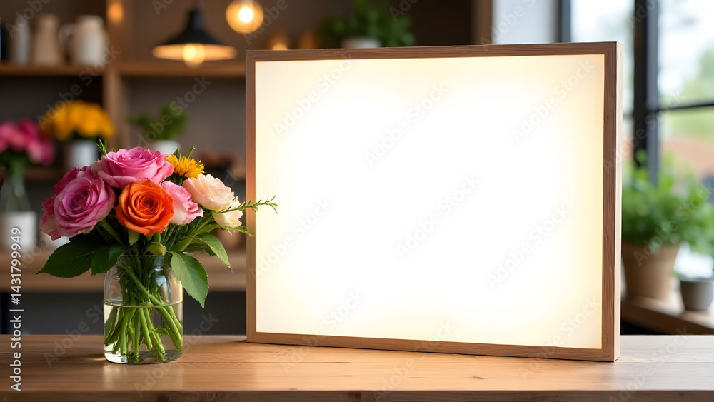 Obraz premium Mock up. Blank menu in wooden frame on table surrounded by flower vases in cozy cafe interior, concept of cafe branding, restaurant decor