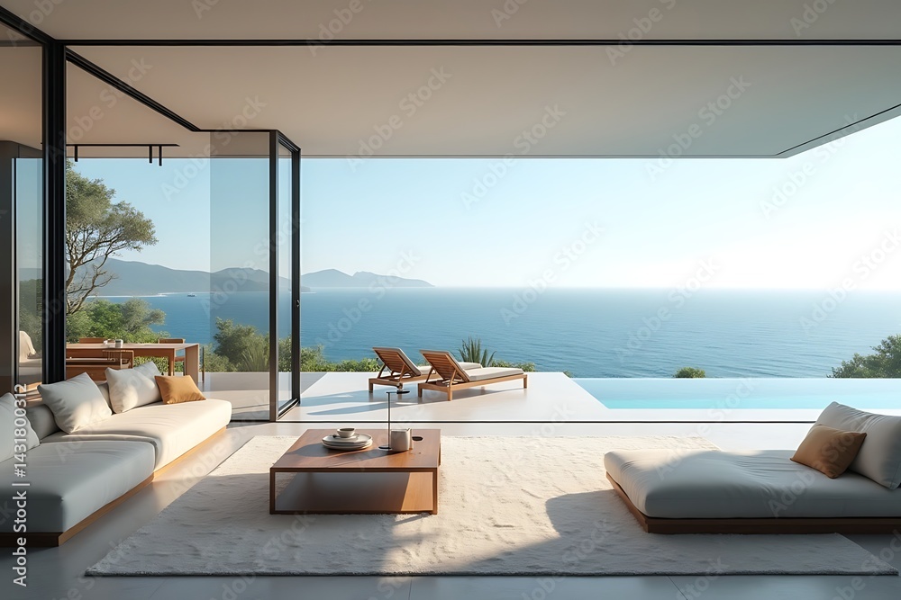 Fototapeta premium Modern Villa Interior with Ocean View and Outdoor Lounge 