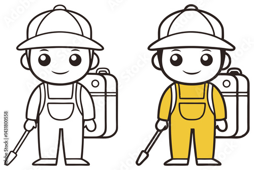 Cartoon Farmer with Baseball Cap Holding Tool and Tank on White Background