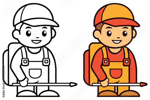 Cartoon Pest Control Worker with Backpack Sprayer in Color and Black Line Version