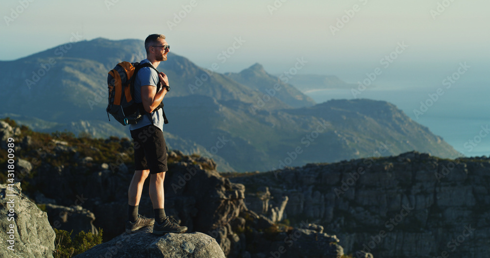 Obraz premium Hiking, travel and vacation with man on mountain for fitness, adventure and peace. Health, nature and hiker trip with person and outdoor view on cliff for trekking holiday, explore and mountains