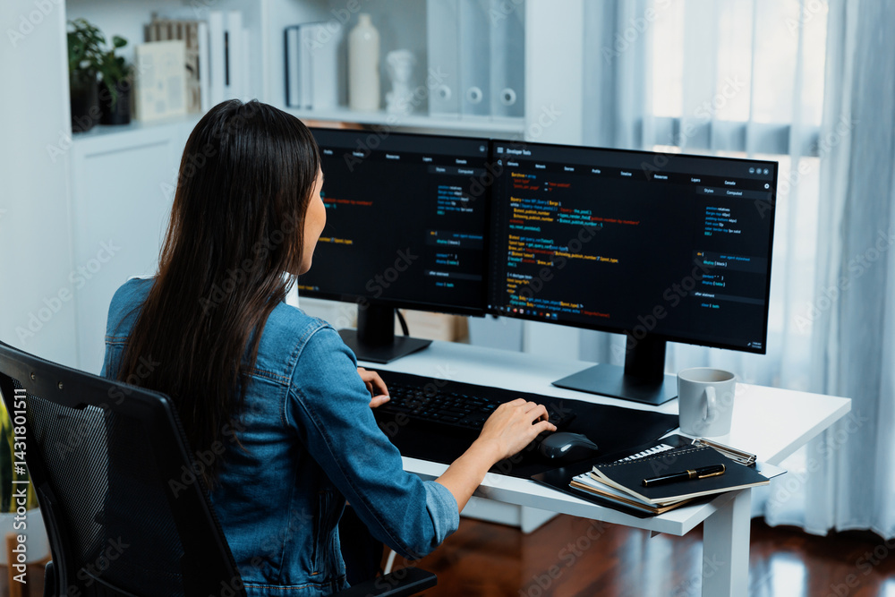 Young Asian in IT developer creating with typing online information on pc with coding program data of website application, wearing jeans shirt. surrounded by safety analysis two screens. Stratagem. Young Asian in IT developer creating with typing online information on pc with coding program data of website application, wearing jeans shirt. surrounded by safety analysis two screens. Stratagem.
