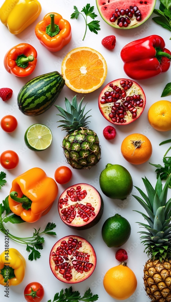 A vibrant array of colorful fruits and vegetables arranged to create a visually appealing composition A vibrant array of colorful fruits and vegetables arranged to create a visually appealing composition