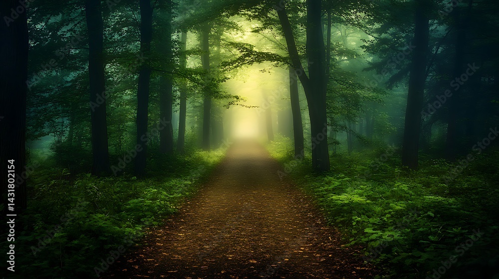 Naklejka premium Misty forest path leading to a luminous clearing.