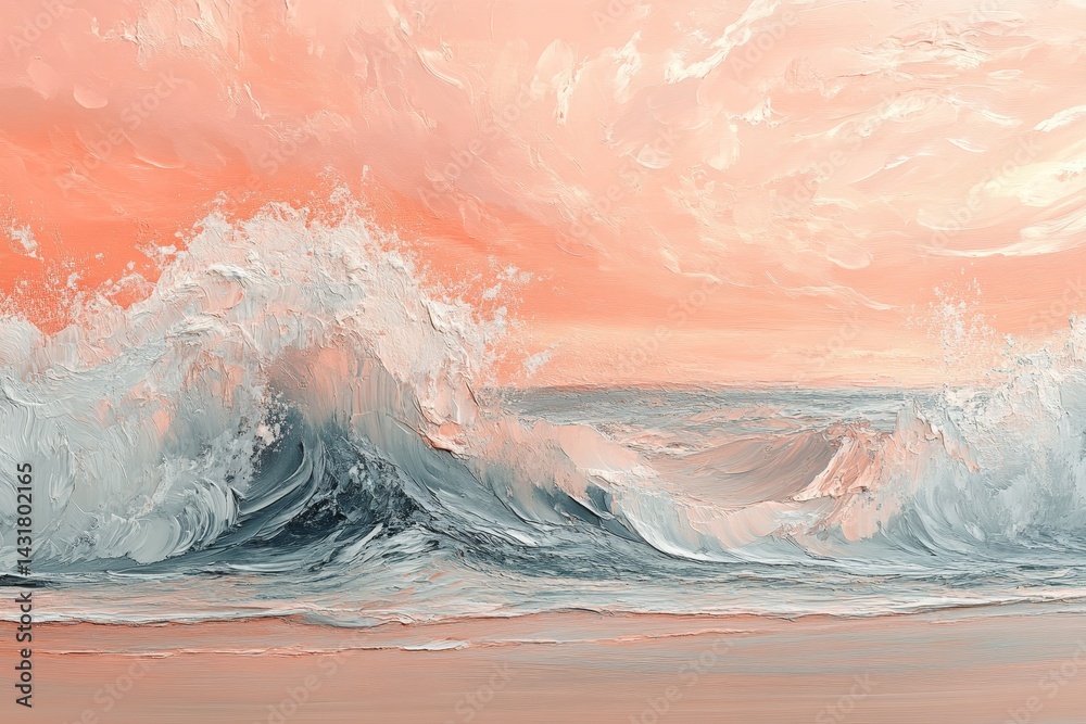 Fototapeta premium Soft, pastel hues depict crashing waves at dawn.