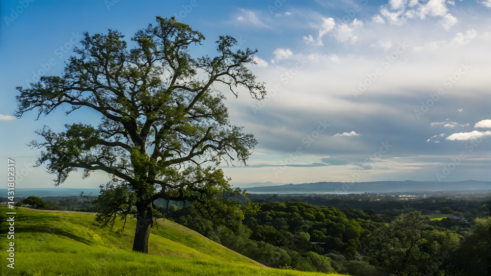 Obraz premium Oak spring grassy hill