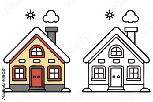 Two House Icons, Black Outline And Color With Chimney and Door
