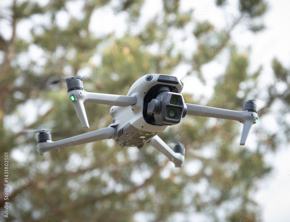Drone flying in the air over the trees.