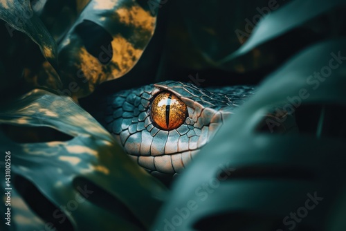 Snake eye hiding in jungle leaves close-up