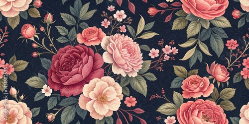 Wallpaper Mural Dark Floral Seamless Pattern Roses, Peonies, Botanical Illustration, Vintage Design, Navy Background Floral Pattern, Botanical Print Torontodigital.ca