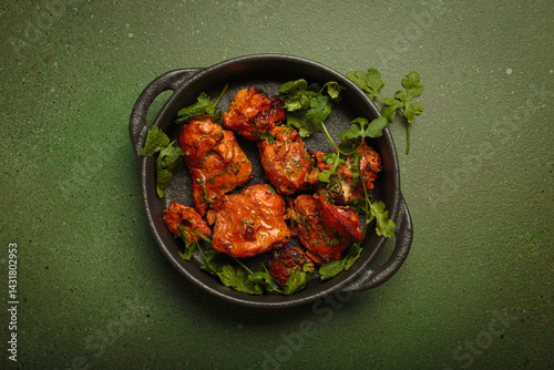 Top view of tandoori chicken, an Indian dish of roasted marinated chicken chunks in spiced curry sauce, served in a cast iron pan on a green background and garnished with fresh coriander leaves