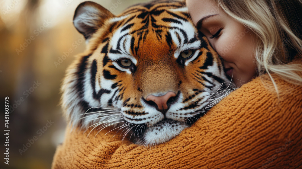 Woman embracing siberian tiger in autumn forest, showcasing interspecies bonding, wildlife connection, and natural harmony