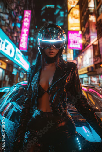 Futuristic neon cityscape woman in helmet and leather jacket at night with vibrant lights