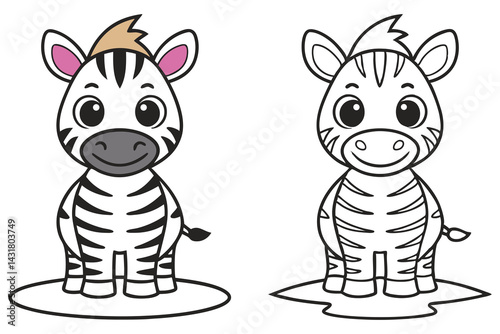 Cartoon zebra colored version and coloring page, outline on white background
