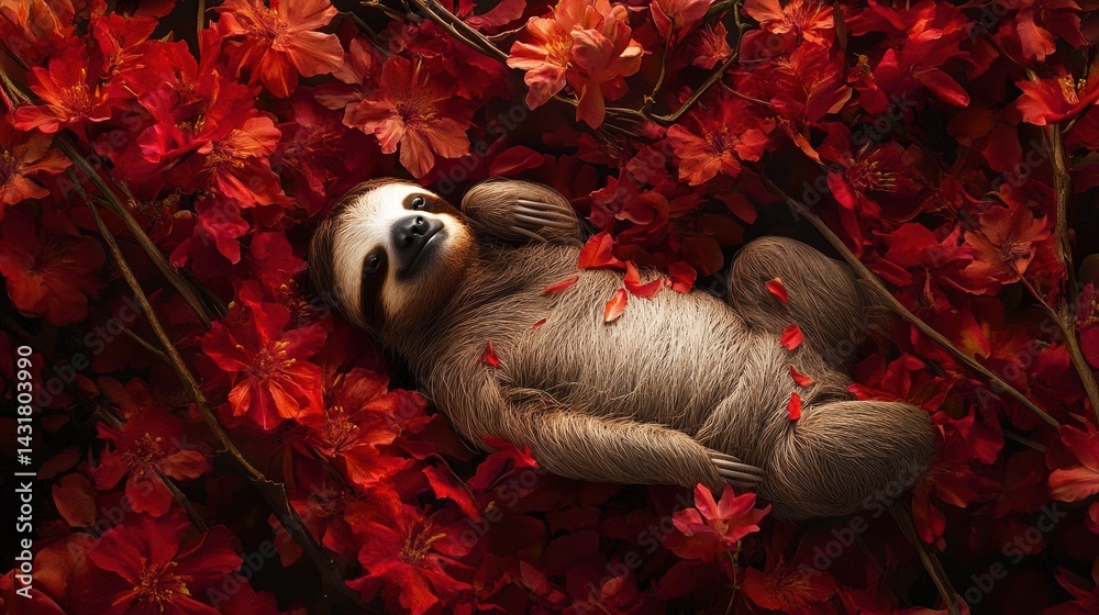 Adorable sloth relaxing among vibrant red flowers in a peaceful natural setting