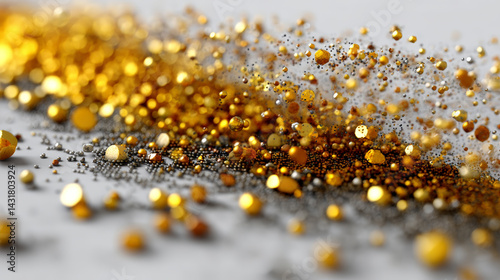 A luxurious and modern 3D motion graphic showcasing a fluid left-to-right flow of golden data dots set against a pristine white background.  Generative AI