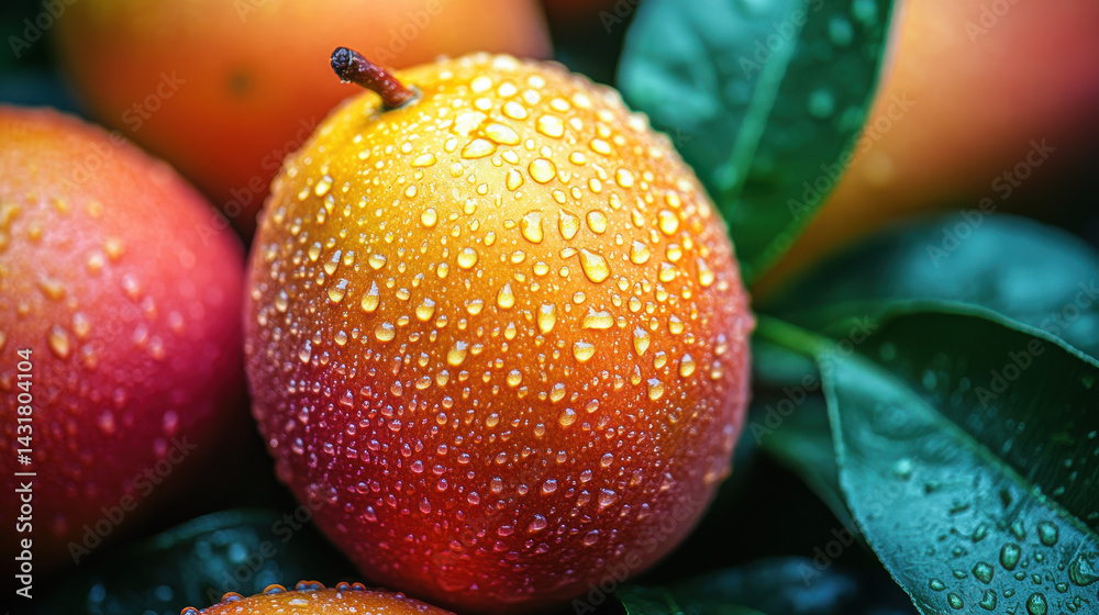 Close-up of fresh mango with water droplets on skin against green leaves background
