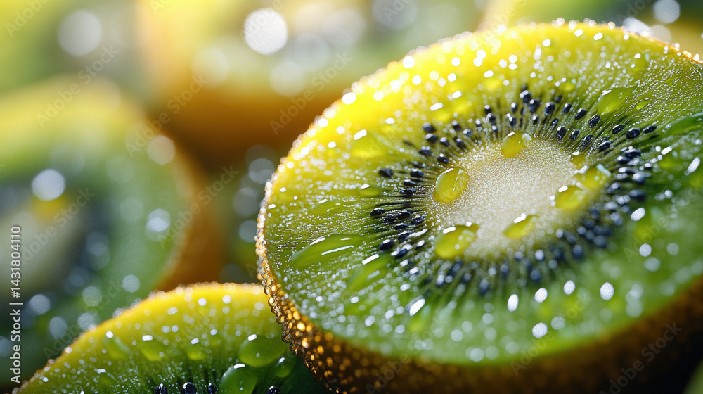 Close-up of fresh kiwi slices with water droplets highlighting juicy texture and vibrant green color