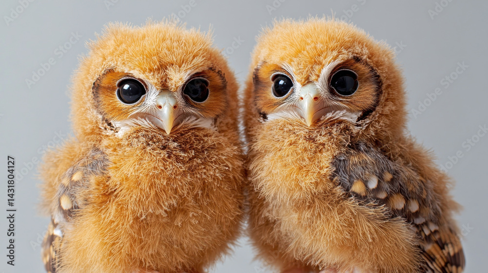 Adorable fluffy owlets with curved beaks and large eyes posing together against neutral background