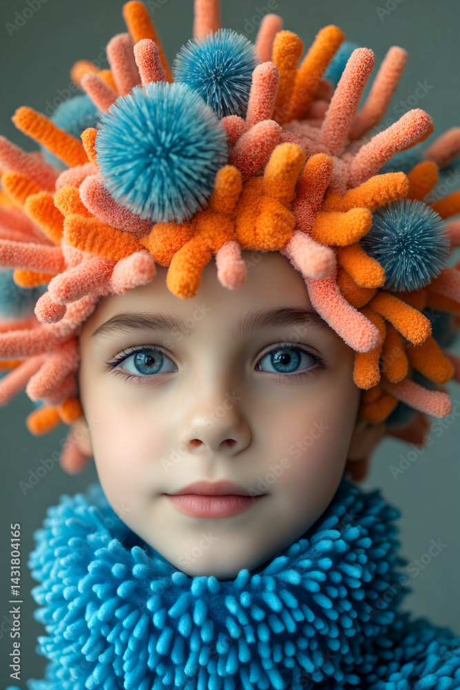 Close-up portrait of young girl in colorful, textured hat and scarf with blue eyes