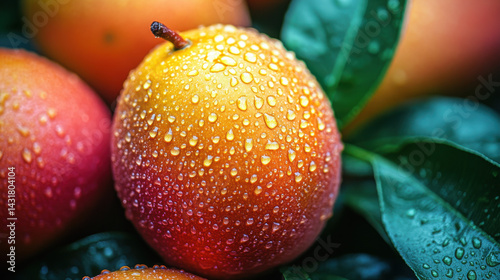 Obraz na płótnie Close-up of fresh mango with water droplets on skin against green leaves background w salonie