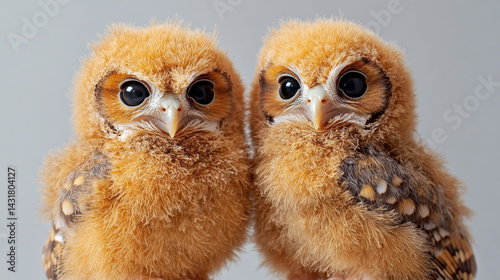 Obraz na płótnie Adorable fluffy owlets with curved beaks and large eyes posing together against neutral background w salonie