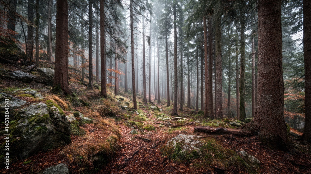 Obraz premium Misty forest path. Sunlight filters through the trees
